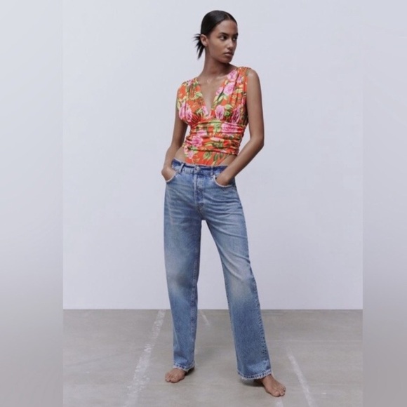 Zara Draped Red Orange Floral Tropical Deep V Neck Bodysuit - Picture 5 of 9